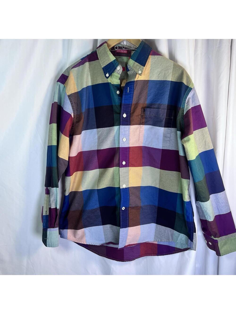 IZOD Oxford Shirt Mens L Colorful Large Check Button Up Casual Madras